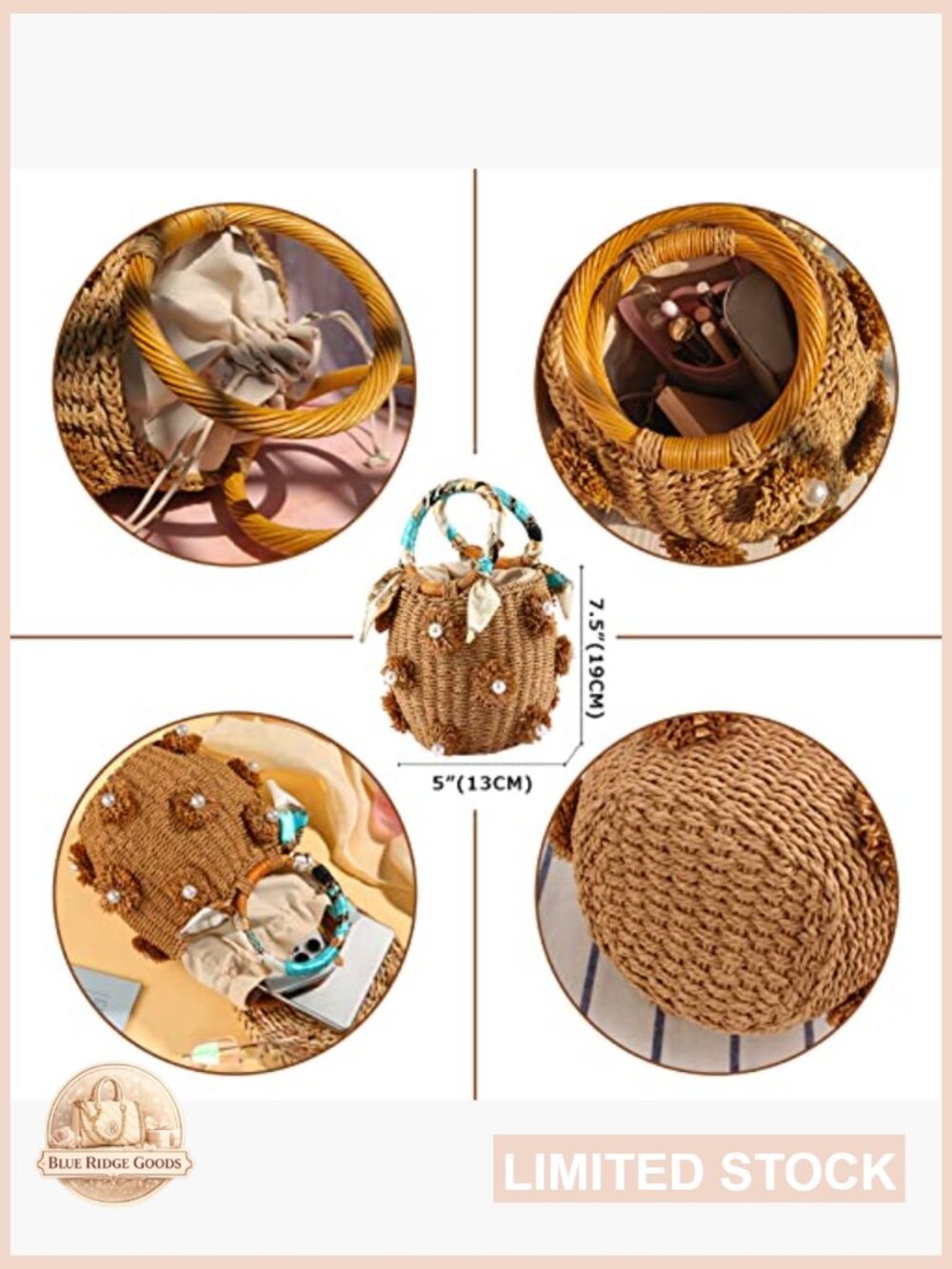 Woven Straw Bucket Bag Drawstring Tote Summer Beach Handbag Pearl Flower - Picture 5 of 7